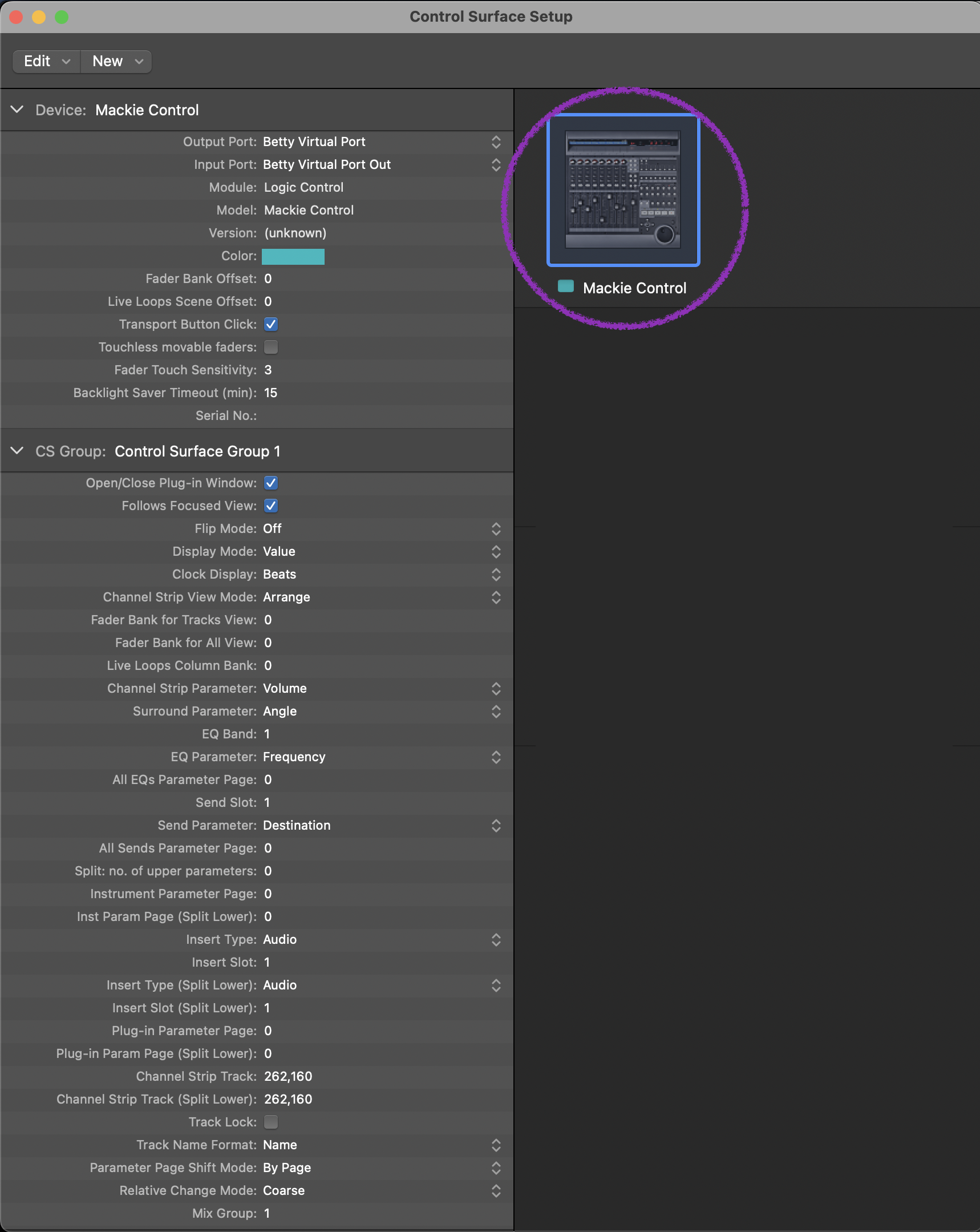 Control surface list with Mackie Control selected