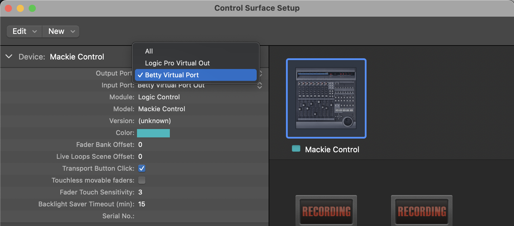 Mackie Control Input port selection