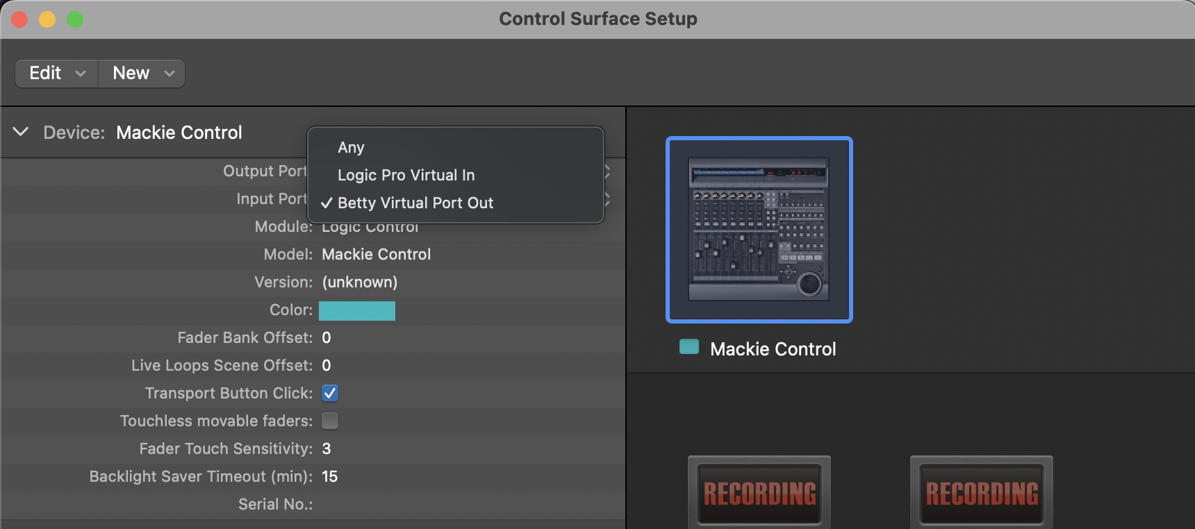 Mackie Control Output port selection
