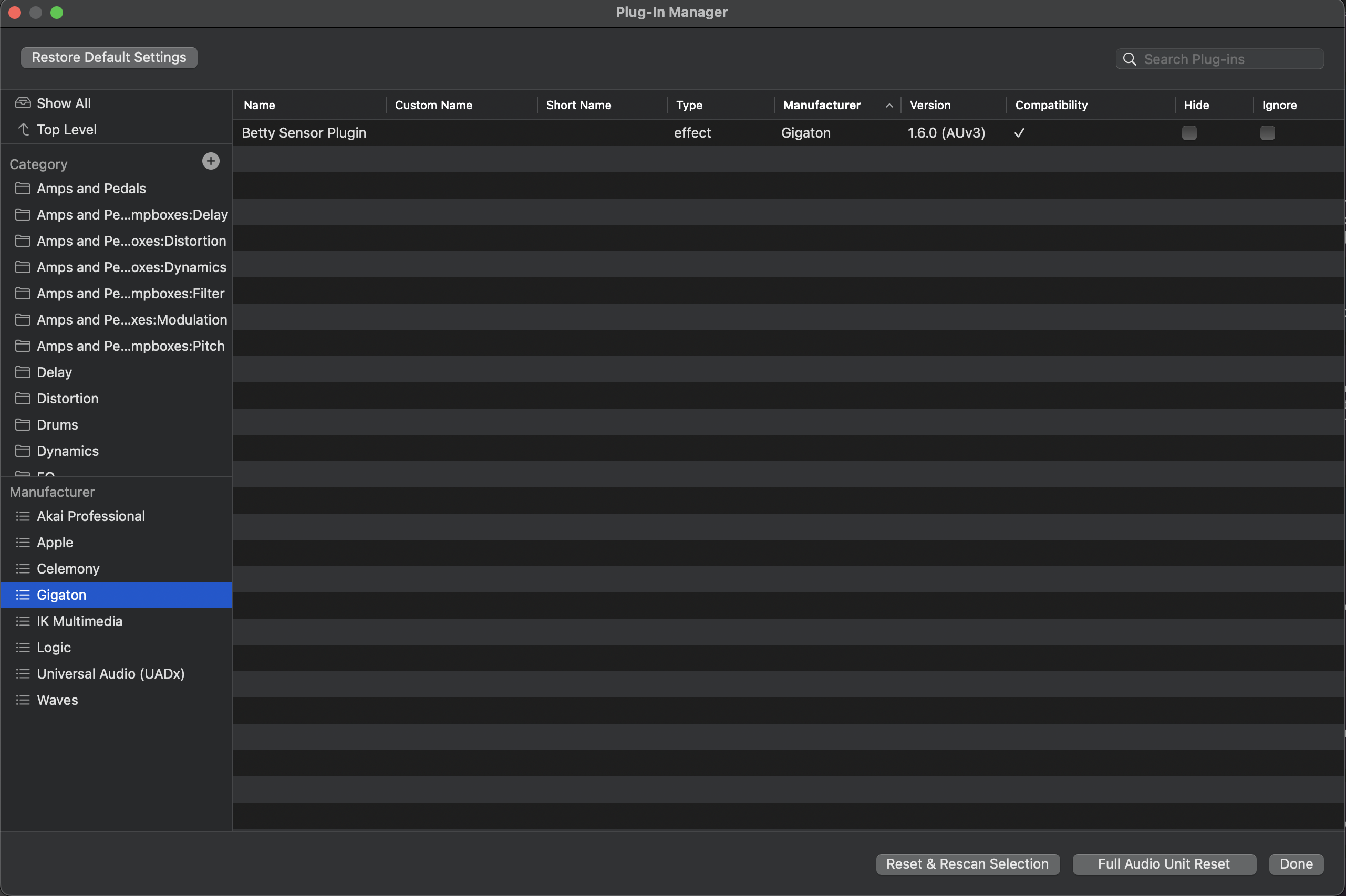 Betty Sensor plugin window showing RMS and Peak meters