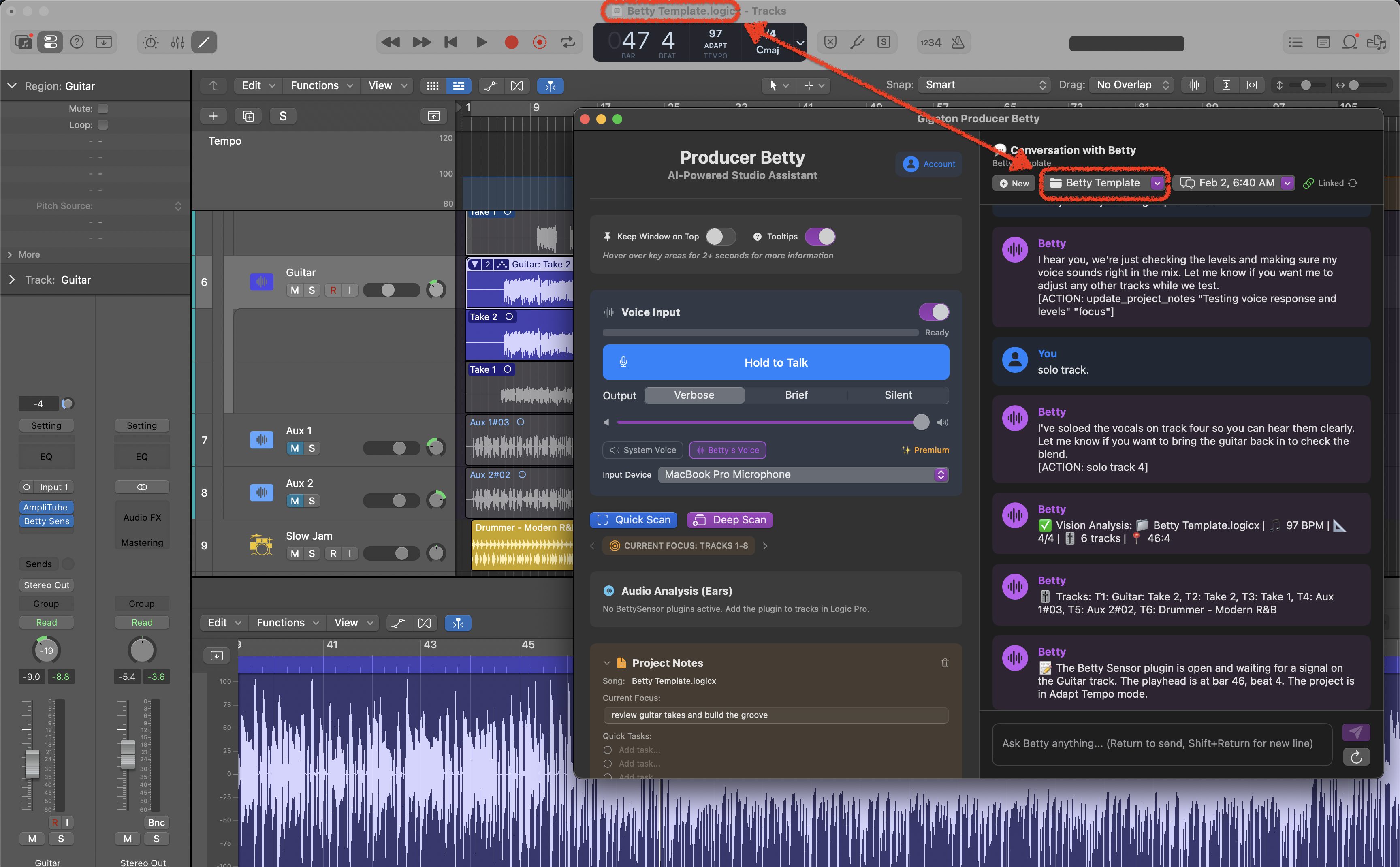 Betty showing linked session with project name