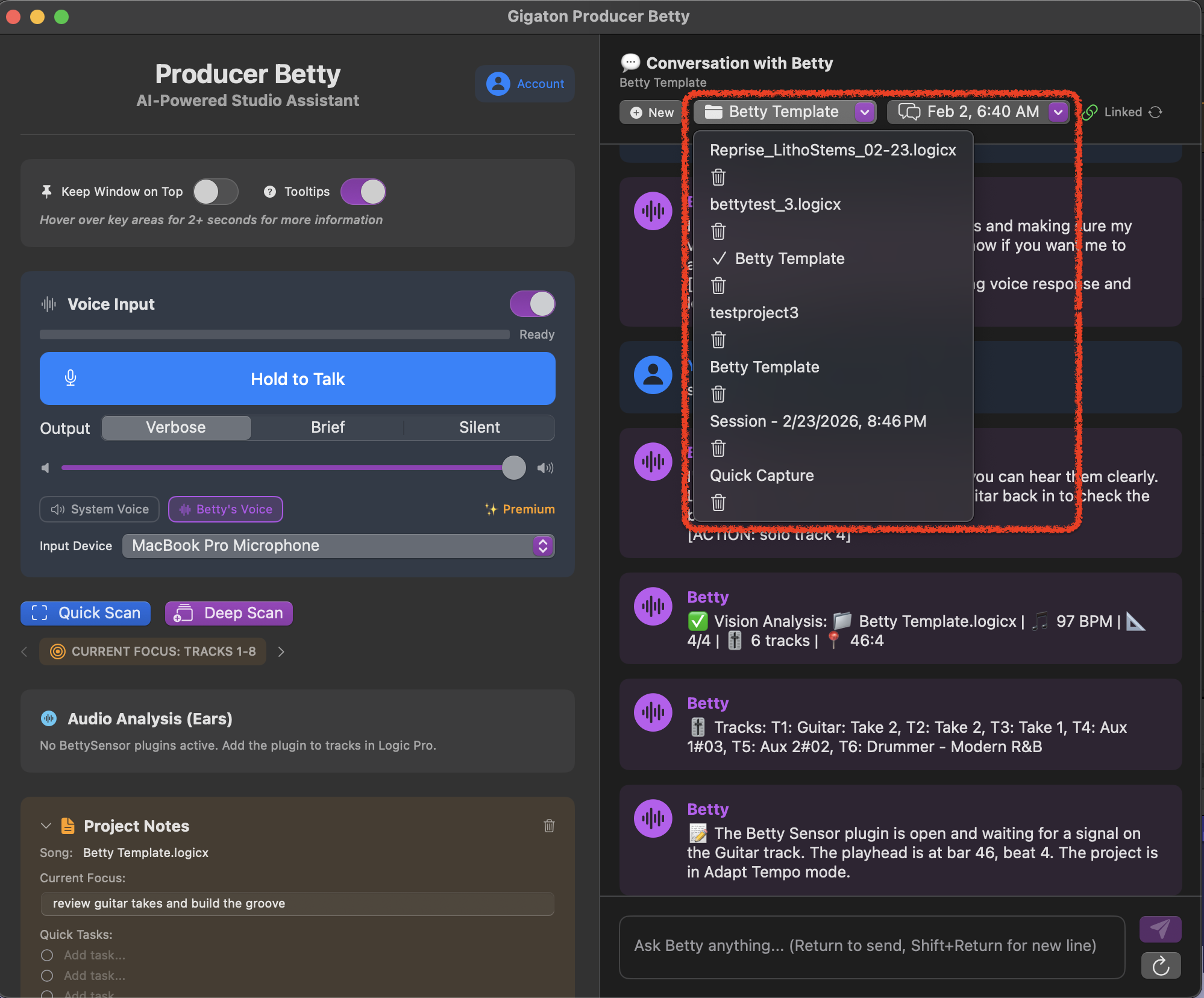 Session selector dropdown showing multiple projects
